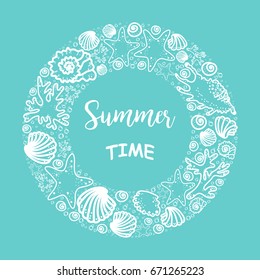 Nature aquatic round pattern with shells, water bubbles and text. Summer time card template.