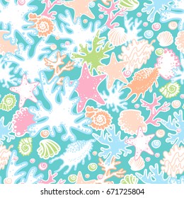 Nature aquatic seamless pattern with shells, corals and turquoise water. All over print for textile, paper, packaging and more.