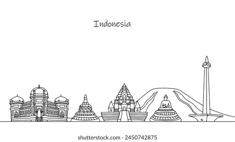 Nature and architecture of Indonesia. Stunningly beautiful architecture and the famous volcano. Vector line illustration for different uses.