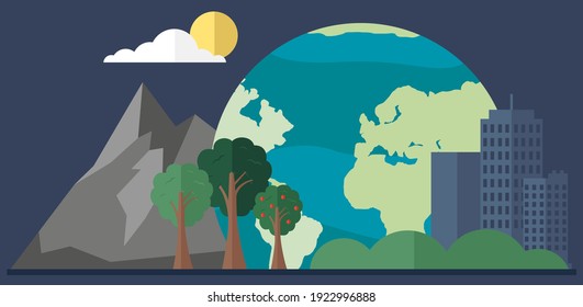 Nature and architecture on background of planet Earth. Mountains with greenery and cityscape vector illustration. Combination of living and inanimate nature. Rocks next to modern skyscrapers