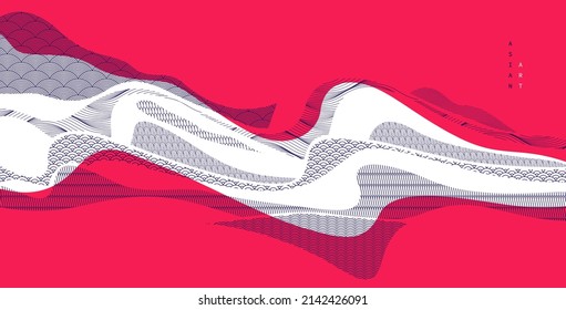 Nature art oriental Japanese style vector abstract background in red colors, runny like water shapes and lines with textures.