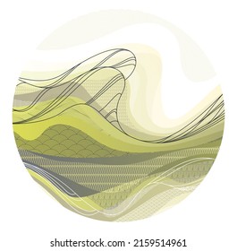 Nature art oriental Japanese style vector abstract background in a shape of circle, mountains terrain landscape, scenic abstraction.