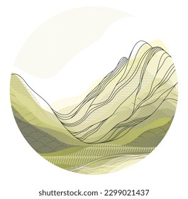 Arte natural estilo oriental japonés vectorial fondo abstracto en forma de círculo, paisaje montañoso del terreno, abstracción escénica.