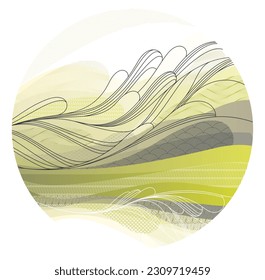 Arte natural estilo oriental japonés vectorial fondo abstracto en forma de círculo, paisaje montañoso del terreno, abstracción escénica.