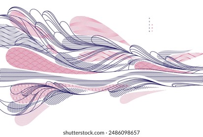 Nature art oriental Japanese style vector abstract background, runny like water shapes and lines with textures.