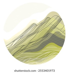 Nature art oriental Japanese style vector abstract background in a shape of circle, mountains terrain landscape, scenic abstraction.