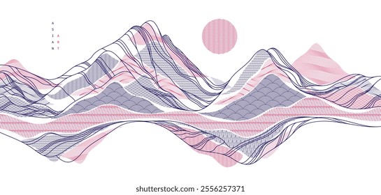 Nature art oriental Japanese style vector abstract background, runny like water shapes and lines with textures.