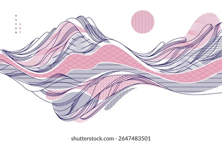 Nature art oriental Japanese style vector abstract background, runny like water shapes and lines with textures.