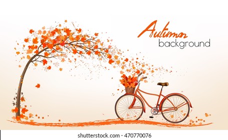 Nature autumn background with colorful leaves and a bicycle. Vector