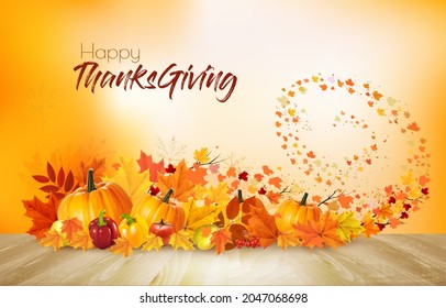 Nature autumn background. Happy Thanksgiving holiday card with fresh vegetables and colorful leaves. Vector.