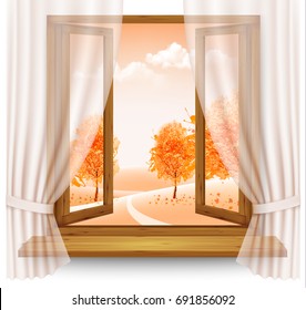 Nature autumn background with wooden window frame with curtains Vector