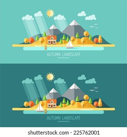 Nature - autumn landscape. Vector illustration in flat design style.