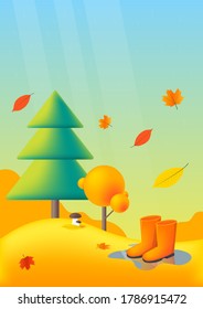 Nature, autumn landscape with yellow leaves and trees, rubber boots on puddle and mushrooms. Vector flat illustrations. Autumn leaves fall on background of yellowed trees. Quiet autumn rain.