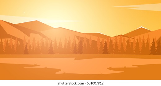 Nature autumn mountains landscape. Rocky mountains and pine forest. Evening