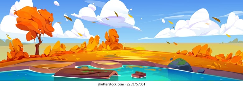 Nature autumn scene with lake. Fall landscape with orange trees, grass, bushes, pond and wooden log in water. Fields, river coast and clouds in sky, vector cartoon illustration