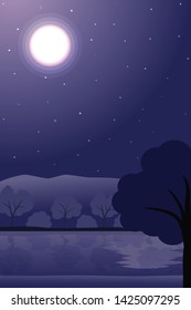 Nature backdrop. mountain and tree with moon on sky. Vector landscpae.