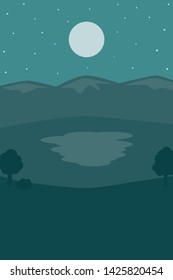 Nature backdrop. mountain and tree with moon on sky. Vector landscpae.