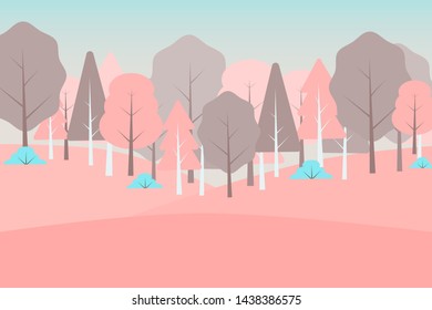 Nature backdrop. mountain and tree with pink cloud on sky. Vector landscape.
