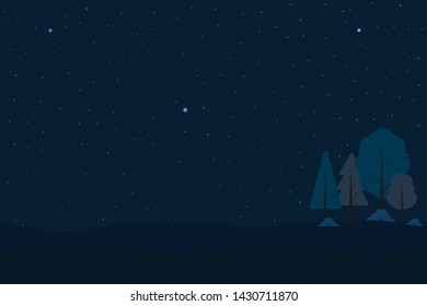 Nature backdrop. Night forest with star on sky. Vector landscape.