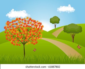 Nature background with a autumn landscape. Vector illustration.