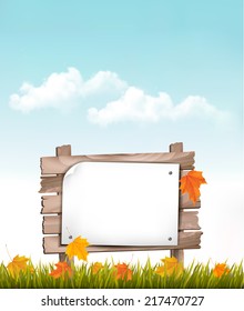 Nature background with autumn leaves and wooden sign Vector 