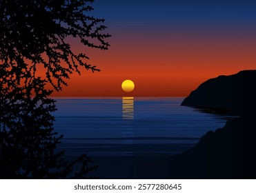 Nature background with beautiful sunset view over the sea and silhouette of trees