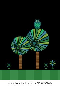 nature background in black and green with owl, trees and flowers, with copy space.