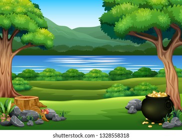 Nature background with black pot of coins