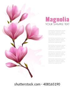 Nature background with blossom branch of pink flowers and butterfly. Vector