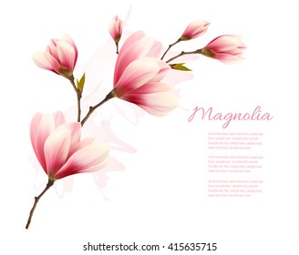 Nature background with blossom branch of pink magnolia. Vector