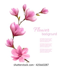 Nature background with blossom branch of pink magnolia. Vector