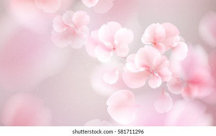 Nature background with blossom branch of pink sakura flowers. Vector template isolated on white background