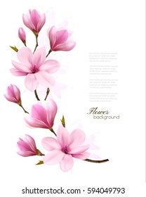 Nature background with blossom branch of pink magnolia and butterfly. Vector