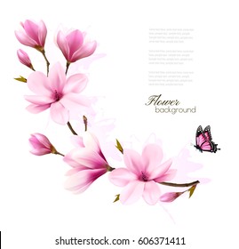 Nature background with blossom branch of pink magnolia and butterfly. Vector