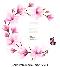 Nature Background With Blossom Branch Of Pink Flowers. Vector