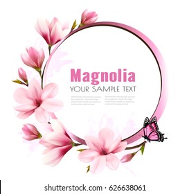 Nature background with blossom branch of pink flowers and butterfly. Vector