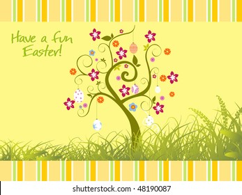 nature background with blossom tree and hanging eggs