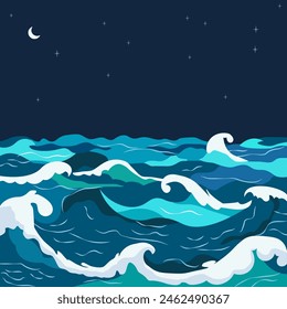 Nature Background of Blue Sea Ocean Water Waves with Crescent at Night
