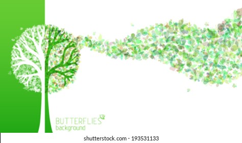 Nature background. Butterflies on tree. Green and white vector illustration. There is place for your text.