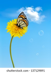 Nature background with butterfly on a yellow dandelion. Vector.