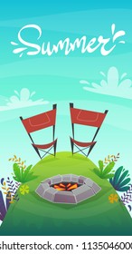 nature background capming bbq grill picnic, grass field hill . trees and bushes green peace meadow , summer or spring bright happy funny cartoon style vector illustration . vertical wallpaper