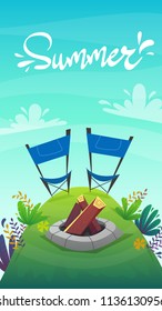 nature background capming grill picnic, grass field hill . trees and bushes green peace meadow , summer or spring bright happy funny cartoon style vector illustration . vertical wallpaper