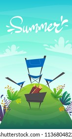 nature background capming grill picnic, grass field hill . barbeque trees and bushes green peace meadow , summer or spring bright happy funny cartoon style vector illustration . vertical wallpaper