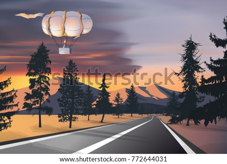 Nature background. Car road in wild mountain terrain with pine trees. Airship in sky. Colorful cloudy evening.