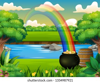 Nature background with cauldron of gold in grass