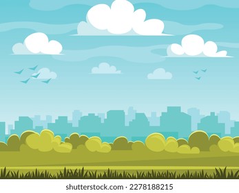 Nature background with cityscape. City park on the background of the business district. Vector graphics