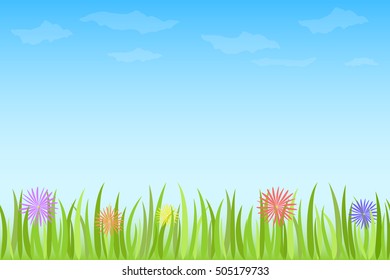 nature background with clouds, grass and colorful flowers - vector