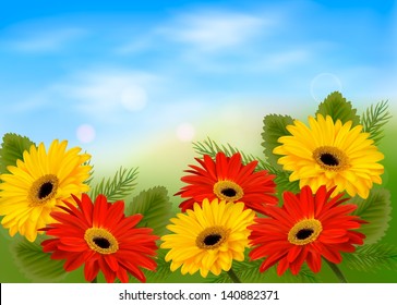 Nature background with colorful beautiful flowers and blue sky. Vector illustration