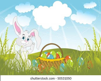 nature background with cute rabbit, colorful egg in basket