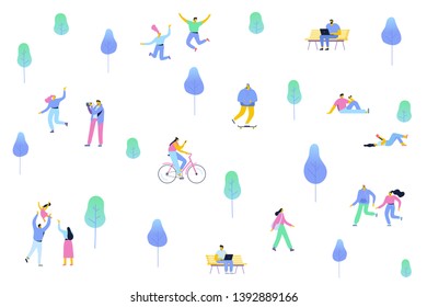 Nature background with different people walking and have a rest outdoor in forest and park. Leisure outdoor activities - riding bicycle, sitting on bench with laptop. Cartoon colorful flat ve